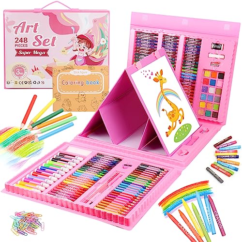 Sonlaryin Set de Pintura, Maletin Pinturas para Niños, 248 piezas Juegos de Dibujo, Pinturas para Niños, Acuarelas Niños, Suministros de Arte Completos para Niños (Rosa)