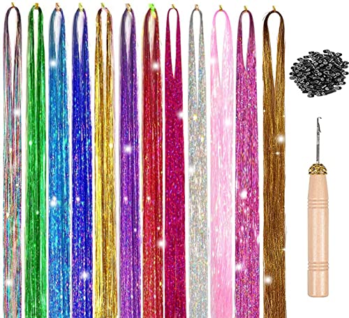 Jinlaili Pelo de Oropel, 12 Colores Extensiones De Cabello, 94CM Extensiones de Pelo Sintético, Hilos de Extensión de Pelo Brillante, Kit de Extensión de Pelo, Accesorios para el Cabello de Moda