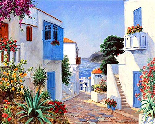 JWFJF Pintar por numeros Adultos Paisaje mediterraneo Pintura al óleo de Bricolaje Lienzo niños y Principiante Paint Pintura decoración del hogar Arte Regalo 40x50 cm(Sin Marco)