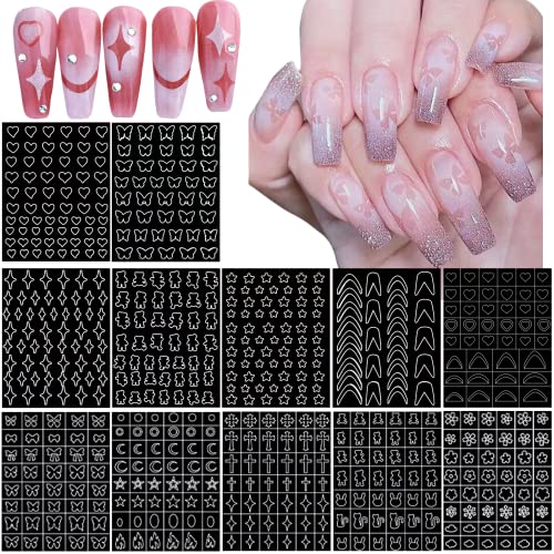 12 Hojas Plantillas de Uñas,HOINCO Mariposa, Flor, Luna, Estrella, Corazón, Cruz, Calcomanías de Uñas Francesas, Plantilla de Impresión, Herramienta de Plantilla, Decoraciones Artísticas de Uñas DIY
