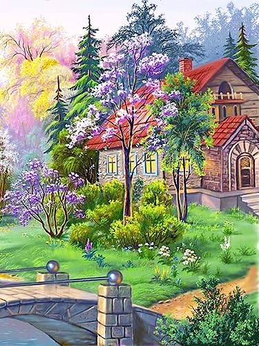 Kits de punto de cruz de casa de pintura de diamante Árbol de bordado de diamantes Mosaico redondo completo Costura de paisaje Decoración para el hogar E1 20x30cm