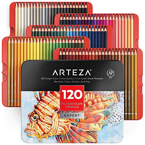 ARTEZA Lápices de acuarela profesionales para adultos y niños | Juego de 120 | Lápices de colores solubles en agua para técnicas de coloreado, mezclas, y capas de acuarela