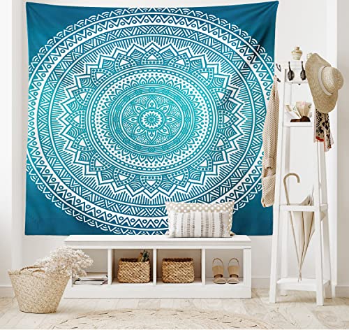 ABAKUHAUS Turquesa Ocre Tapiz de Pared y Cubrecama Suave, Mandala Medallón Diseño con Estrellas y Flor en el Medio Arte Étnico, Lavable Colores Firmes, 150 x 110 cm, Turquesa Oscuro
