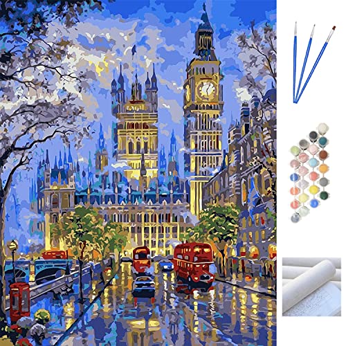 Metuu DIY Juego Pintura al óleo Pintura por Números Kits para Adultos y Niños, Bridge Big Ben Colorido Lienzo Dibujo Pintura Kit para Padre-Hijo Tiempo 16 x 20 Pulgadas (sin Marco)