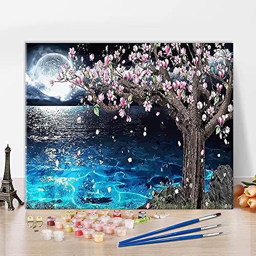TISHIRON Pintura por números para adultos DIY Pintado a mano cerezo a la luz de la luna Kit de pintura al óleo Pinceles de lienzo y pintura acrílica Pintura por números 40 x 50 cm (sin marco)