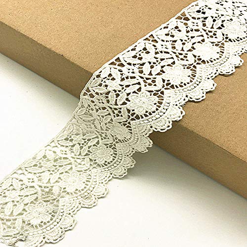 Ajuste de encaje de bordado inelástico con Patrón de Flor en 6 cm de ancho Cortina, Manteles, Funda que se puede quitar, Ropa de bricolaje nupcial/Accesorios (4 yardas en un paquete) (blanco)