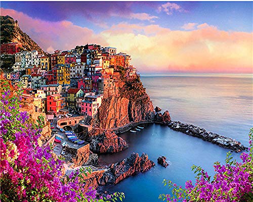 BEDSERG DIY Pintura por Números para Adultos Pintura al óleo para Niños Principiantes Italia Cinque Terre Paisaje Pintar por Numeros Kits sobre Lienzo 40x50cm Sin Marco