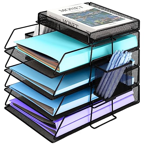 5 Niveles a4 Organizador Escritorio Papeles, Bandejas Oficina Apilables en Malla Metalicas con Bandeja, Organizador de Archivos, Bandeja Escritorio Organizadors para Oficina Hogar Escuela