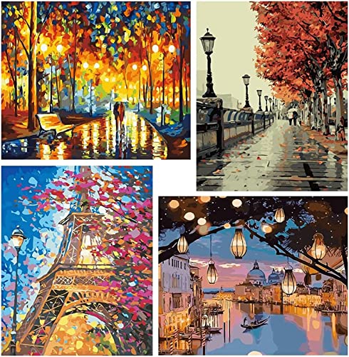 4 piezas pintar por número para adultos,pintar por números para adultos principiantes pintura de dibujo con pinceles paisaje urbano pintura al óleo pintura 12 x 16 pulgadas